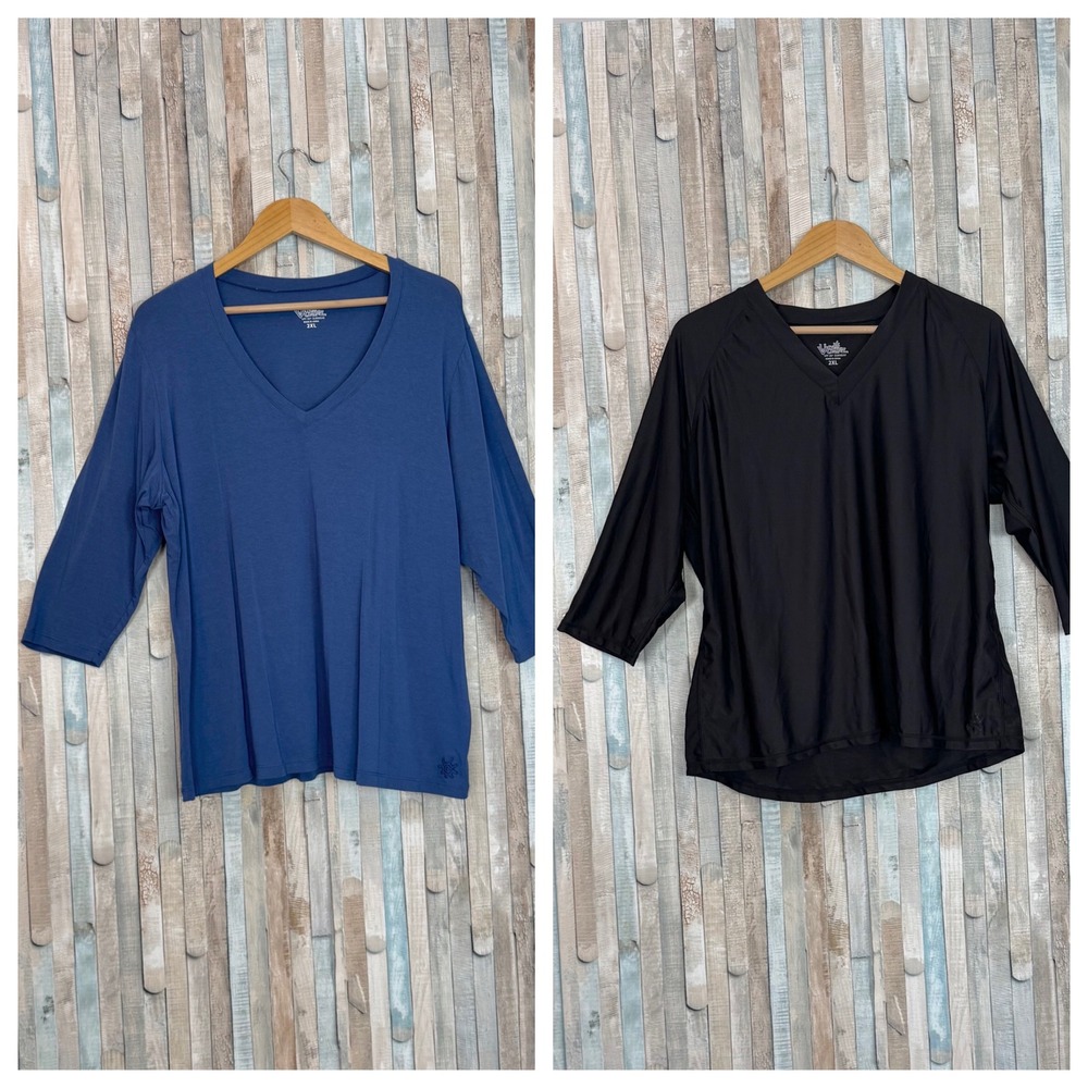 UV Skinz UPF 50+ Sunwear V Neck Top Lot 2 2XL Blue Bamboo & Black Swim Shirt
